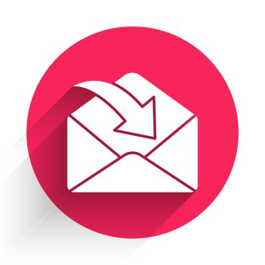 Beyaz Zarf simgesi uzun gölgeli izole edilmiş. Mesaj konsepti alındı. Yeni, e-posta gelen mesaj, SMS. Posta servisi. Kırmızı daire düğmesi. Vektör İllüstrasyonu