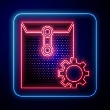 Parlayan neon renkli zarf ayarı simgesi mavi arkaplanda izole edildi. Vektör İllüstrasyonu