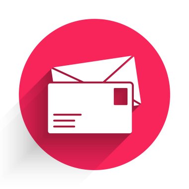 Beyaz Zarf simgesi uzun gölgeli izole edilmiş. E- posta mektup sembolü. Kırmızı daire düğmesi. Vektör İllüstrasyonu