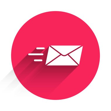 Beyaz Ekspres zarf simgesi uzun gölgeli izole edilmiş. E- posta mektup sembolü. Kırmızı daire düğmesi. Vektör İllüstrasyonu