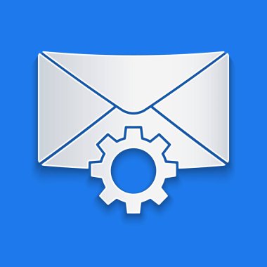 Kağıt kesiği Zarf ayarı simgesi mavi arkaplanda izole edildi. Kağıt sanatı tarzı. Vektör İllüstrasyonu