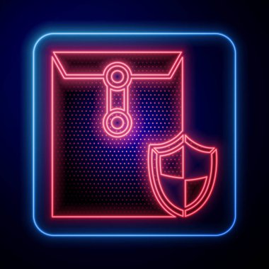 Mavi arkaplanda izole edilmiş kalkan simgesi ile parlayan neon kaplama. Sigorta konsepti. Güvenlik, güvenlik, koruma, konsept koruma. Vektör İllüstrasyonu