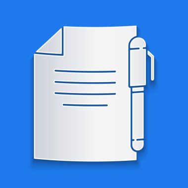 Kağıt kesiği Belge ve kalem simgesi mavi arkaplanda izole edildi. Dosya simgesi. Kontrol listesi simgesi. İş konsepti. Kağıt sanatı tarzı. Vektör İllüstrasyonu