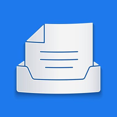 Kağıt kesme Çekmecesi mavi arkaplanda izole edilmiş belge simgesi ile. Arşiv çekmecesi. Dosya dolabı çekmecesi. Ofis mobilyası. Kağıt sanatı tarzı. Vektör İllüstrasyonu