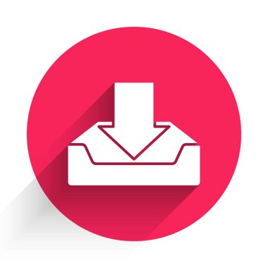 Beyaz İndirme gelen kutusu simgesi uzun gölgeyle izole edildi. Kırmızı daire düğmesi. Vektör İllüstrasyonu