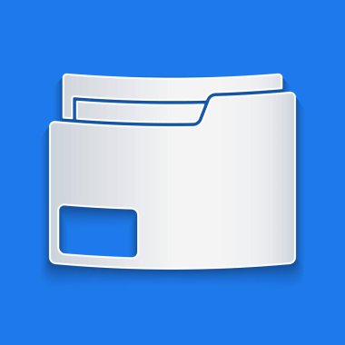 Kağıt kesimi Belge klasörü simgesi mavi arkaplanda izole edildi. Muhasebe klasörü sembolü. Muhasebe yönetimi. Kağıt sanatı tarzı. Vektör İllüstrasyonu