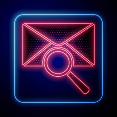 Mavi arkaplanda izole edilmiş büyüteç simgesi olan parlak neon zaret postası. Vektör İllüstrasyonu