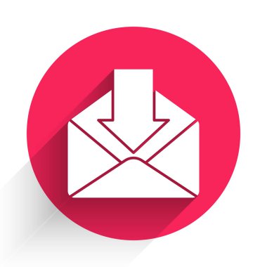 Beyaz Zarf simgesi uzun gölgeli izole edilmiş. Mesaj konsepti alındı. Yeni, e-posta gelen mesaj, SMS. Posta servisi. Kırmızı daire düğmesi. Vektör İllüstrasyonu