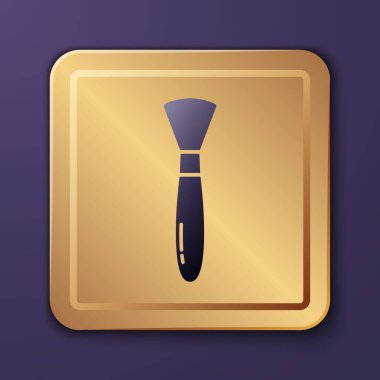 Mor boya fırçası simgesi mor arkaplanda izole edilmiş. Altın kare düğme. Vektör İllüstrasyonu