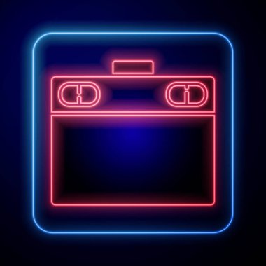 Parlayan neon resim tableti simgesi mavi arkaplanda izole edildi. Vektör İllüstrasyonu