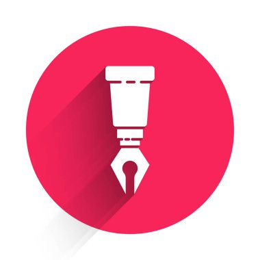 Beyaz Çeşme kalem ucu simgesi uzun gölgeli izole edilmiş. Kalem aleti işareti. Kırmızı daire düğmesi. Vektör İllüstrasyonu