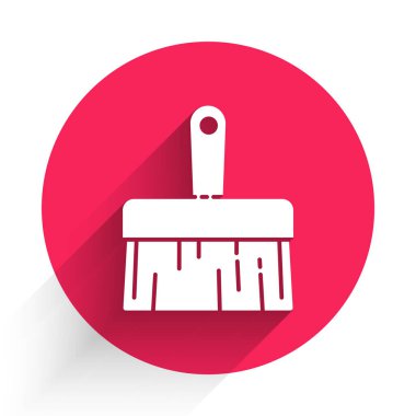 Beyaz boya fırça simgesi uzun gölgeli izole edilmiş. Kırmızı daire düğmesi. Vektör İllüstrasyonu