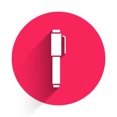 Beyaz Kalem simgesi uzun gölgeyle izole edildi. Kırmızı daire düğmesi. Vektör İllüstrasyonu