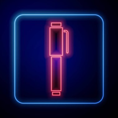 Parlayan neon kalem simgesi mavi arkaplanda izole edildi. Vektör İllüstrasyonu