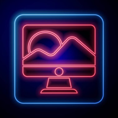 Parlayan neon bilgisayar monitör simgesi mavi arkaplanda izole edildi. Elektronik cihaz. Ön manzara. Vektör İllüstrasyonu