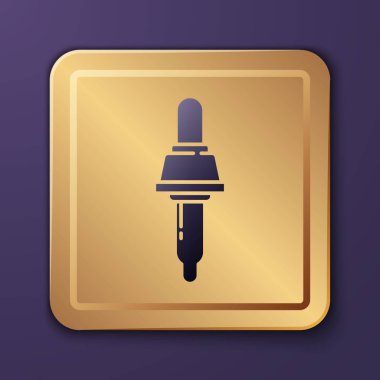 Mor Pipette simgesi mor arkaplanda izole edilmiş. Tıbbi elementler, kimya laboratuarı ekipmanları. Tıp sembolü. Altın kare düğme. Vektör İllüstrasyonu