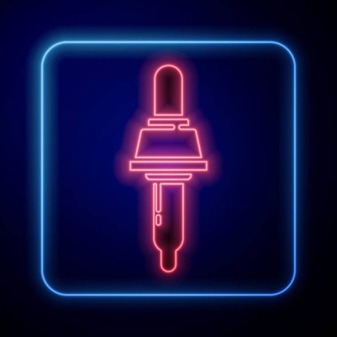 Parlayan neon Pipette simgesi mavi arkaplanda izole edildi. Tıbbi elementler, kimya laboratuarı ekipmanları. Tıp sembolü. Vektör İllüstrasyonu