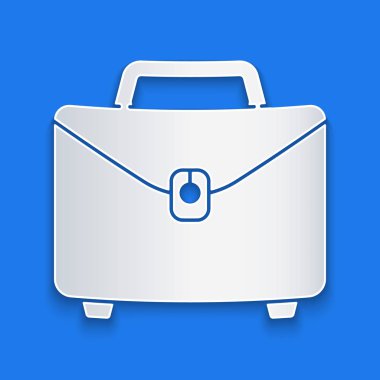 Kağıt kesme evrak çantası simgesi mavi arka planda yalıtılmış. İş davası işareti. İş portföyü. Kağıt sanatı tarzı. Vektör Illustration