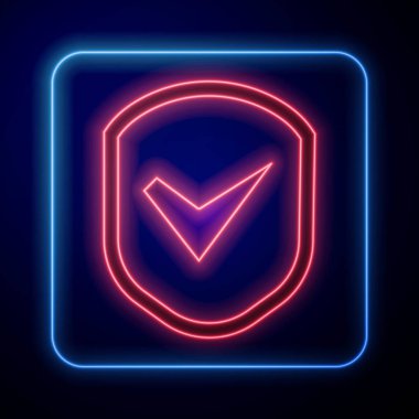 Mavi arkaplanda işaret simgesi izole edilmiş parlayan neon kalkanı. Güvenlik, güvenlik, koruma, gizlilik kavramı. Kene izi onaylandı. Vektör İllüstrasyonu