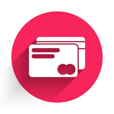 Beyaz kredi kartı simgesi uzun gölgeli. Çevrimiçi ödeme. Nakit çekilmesi. Finansal operasyonlar. Alışveriş tabelası. Kırmızı daire düğmesi. Vektör İllüstrasyonu