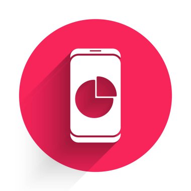 Grafik çizelgesi simgesi olan uzun gölgeli beyaz cep telefonu. Metin dosyasını rapor et. Muhasebe tabelası. Denetim, analiz, planlama. Kırmızı daire düğmesi. Vektör İllüstrasyonu