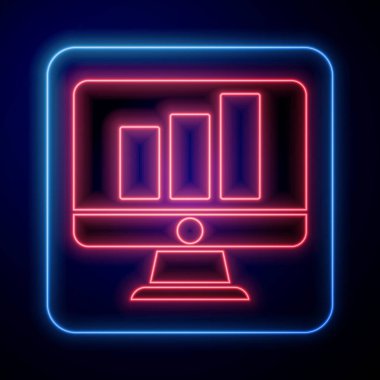 Parlayan neon bilgisayar monitörü ve mavi arkaplanda izole grafik çizelgesi simgesi. Metin dosyasını rapor et. Muhasebe tabelası. Denetim, analiz, planlama. Vektör İllüstrasyonu