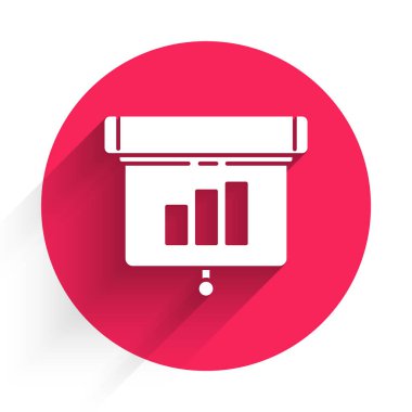Grafik, çizelge, grafik, diyagram, bilgi grafiği ve uzun gölgeli turta grafik ikonu içeren beyaz sunum finans kurulu. Kırmızı daire düğmesi. Vektör İllüstrasyonu
