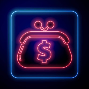 Mavi arka planda dolar sembolü olan parlak neon cüzdan. Çanta ikonu. Nakit tasarruf sembolü. Vektör İllüstrasyonu