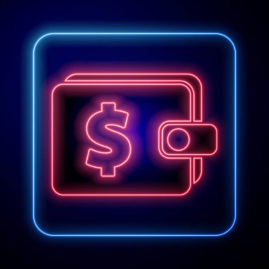 Mavi arka planda dolar sembolü olan parlak neon cüzdan. Çanta ikonu. Nakit tasarruf sembolü. Vektör İllüstrasyonu