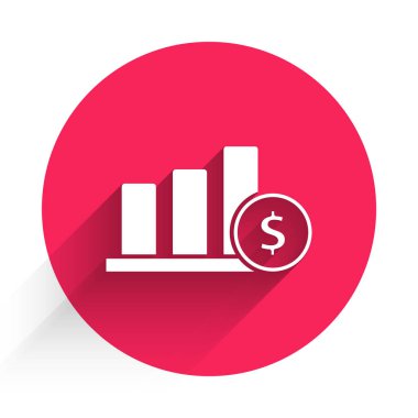 Beyaz Turta grafikleri ve dolar sembolü uzun gölgeli izole edilmiş. Diyagram çizelgesi. Kırmızı daire düğmesi. Vektör İllüstrasyonu