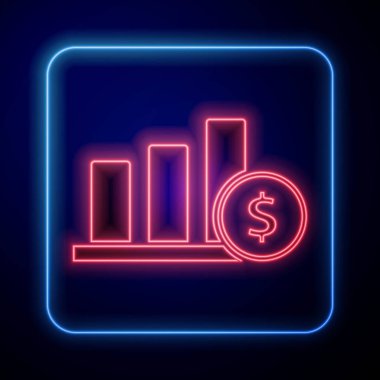 Parlayan neon turta grafiği ve dolar sembolü ikonu mavi arkaplanda izole edildi. Diyagram çizelgesi. Vektör İllüstrasyonu