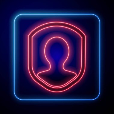 Parlayan neon kullanıcı koruma simgesi mavi arkaplanda izole edildi. Güvenli kullanıcı girişi, şifre koruması, kişisel veri koruması, kimlik doğrulaması. Vektör İllüstrasyonu