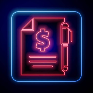 Parlayan neon kontrat parası ve kalem simgesi mavi arka planda izole edildi. Bankacılık belgeleri dolar finans para sayfası. Vektör İllüstrasyonu