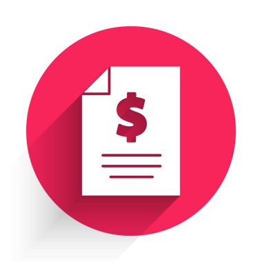 Beyaz Kontrat para ikonu uzun gölgeli izole. Bankacılık belgeleri dolar finans para sayfası. Kırmızı daire düğmesi. Vektör İllüstrasyonu