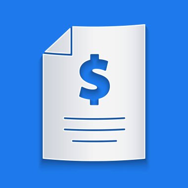 Kağıt kesiği Para ikonu mavi arka planda izole. Bankacılık belgeleri dolar finans para sayfası. Kağıt sanatı tarzı. Vektör İllüstrasyonu