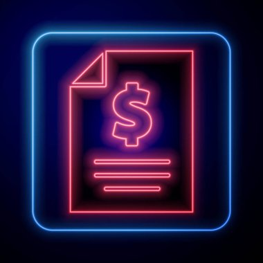 Parlayan neon kontrat para ikonu mavi arka planda izole edildi. Bankacılık belgeleri dolar finans para sayfası. Vektör İllüstrasyonu