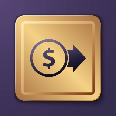 Mor arkaplanda dolar sembolü olan mor sikke parası. Bankacılık işareti. Para sembolü. Altın kare düğme. Vektör İllüstrasyonu