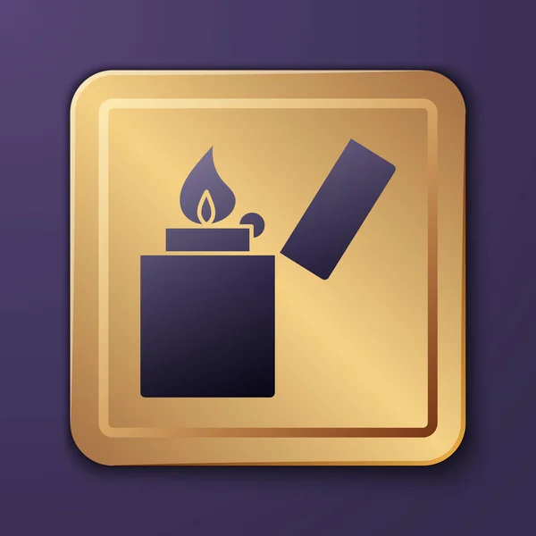 Фиолетовый Зажигалка Значок Изолирован Фиолетовом Фоне Золотая Квадратная Кнопка Векторная — стоковый вектор