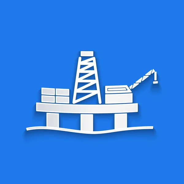 Papel Cortado Plataforma Petrolífera Mar Icono Aislado Sobre Fondo Azul — Vector de stock
