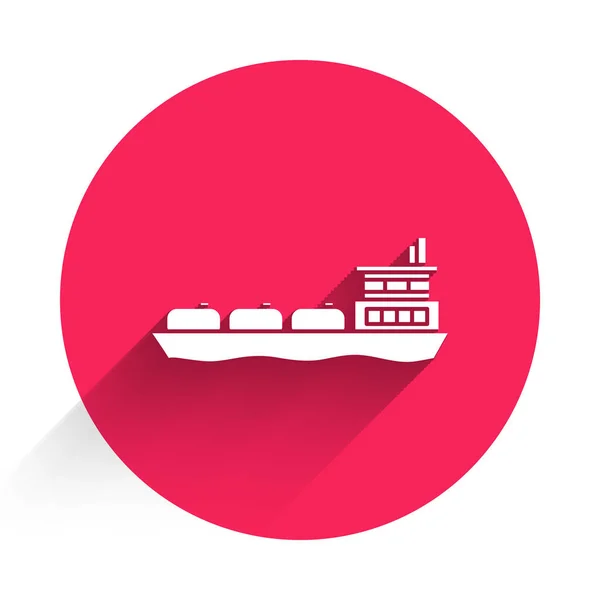 Fehér Olajszállító Hajó Ikon Elszigetelt Hosszú Árnyék Vörös Kör Gomb — Stock Vector