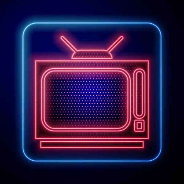 Parlayan neon televizyon ikonu mavi arkaplanda izole edildi. Televizyon tabelası. Vektör İllüstrasyonu