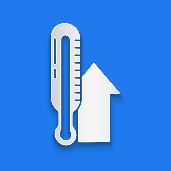 紙カット青い背景に隔離された気象温度計のアイコンを測定します 高温または低温を示す温度計機器 紙のアートスタイル ベクターイラスト — ストックベクタ