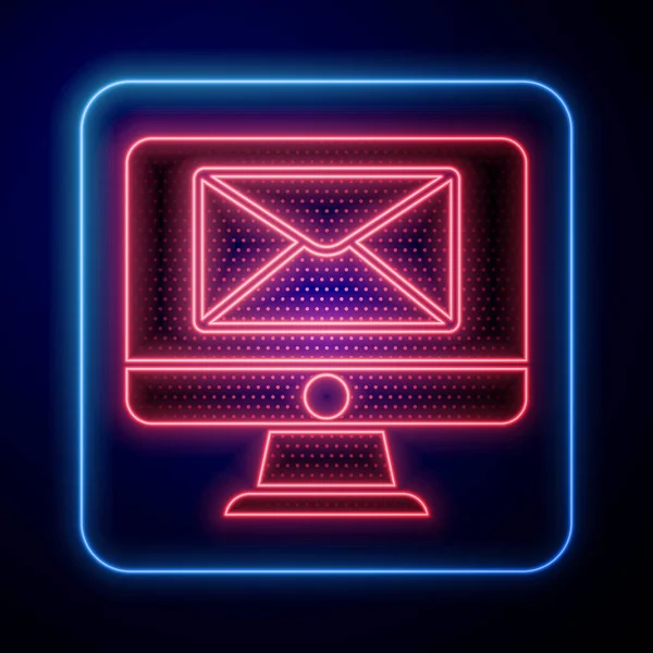 Ragyogó Neon Monitor Boríték Üzenet Mail Ikon Elszigetelt Kék Háttérrel — Stock Vector