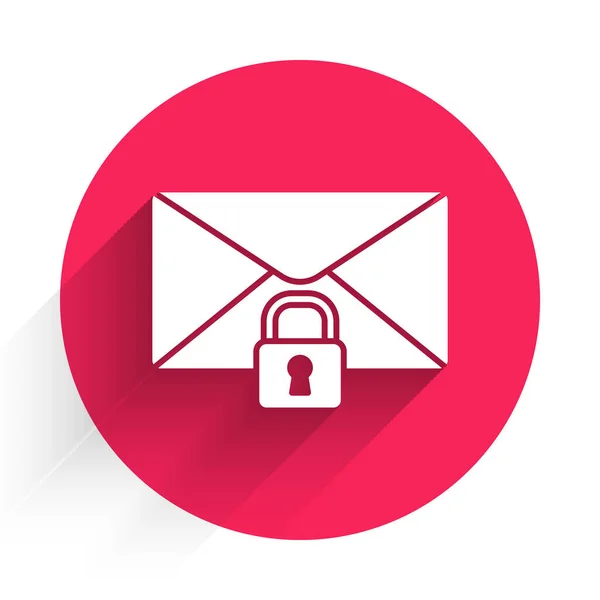 White Mail Meddelande Lås Lösenord Ikonen Isolerad Med Lång Skugga — Stock vektor
