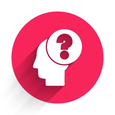 Soru işareti simgesi olan beyaz insan kafası uzun gölgelerle izole edilmiş. Kırmızı daire düğmesi. Vektör İllüstrasyonu