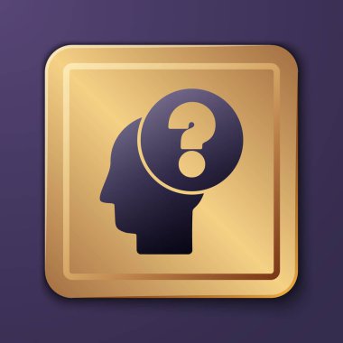 Mor arka planda soru işareti simgesi olan mor insan kafası. Altın kare düğme. Vektör İllüstrasyonu