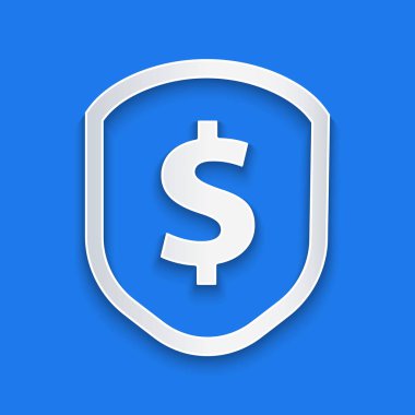 Kağıt kesim kalkanı, mavi arka planda izole edilen dolar sembol simgesiyle. Güvenlik kalkanı koruması. Para güvenlik konsepti. Kağıt sanatı tarzı. Vektör Illustration