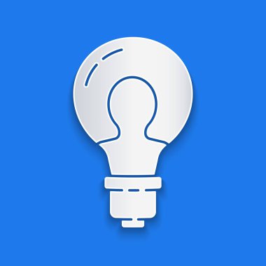 Kağıt, mavi arkaplanda izole edilmiş fikir ikonu kavramına sahip ampulü kesti. Enerji ve fikir sembolü. İlham konsepti. Kağıt sanatı tarzı. Vektör İllüstrasyonu