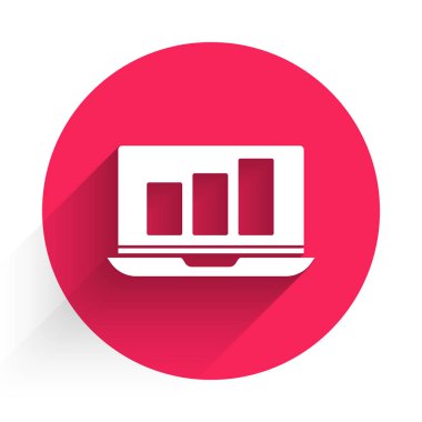 Grafik çizelgesi simgesi uzun gölgeli beyaz dizüstü bilgisayar. Metin dosya simgesini rapor et. Muhasebe tabelası. Denetim, analiz, planlama. Kırmızı daire düğmesi. Vektör İllüstrasyonu