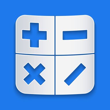 Kağıt kesiği Hesap Makinesi simgesi mavi arkaplanda izole edildi. Muhasebe sembolü. İş hesaplamaları matematik eğitimi ve finans. Kağıt sanatı tarzı. Vektör İllüstrasyonu